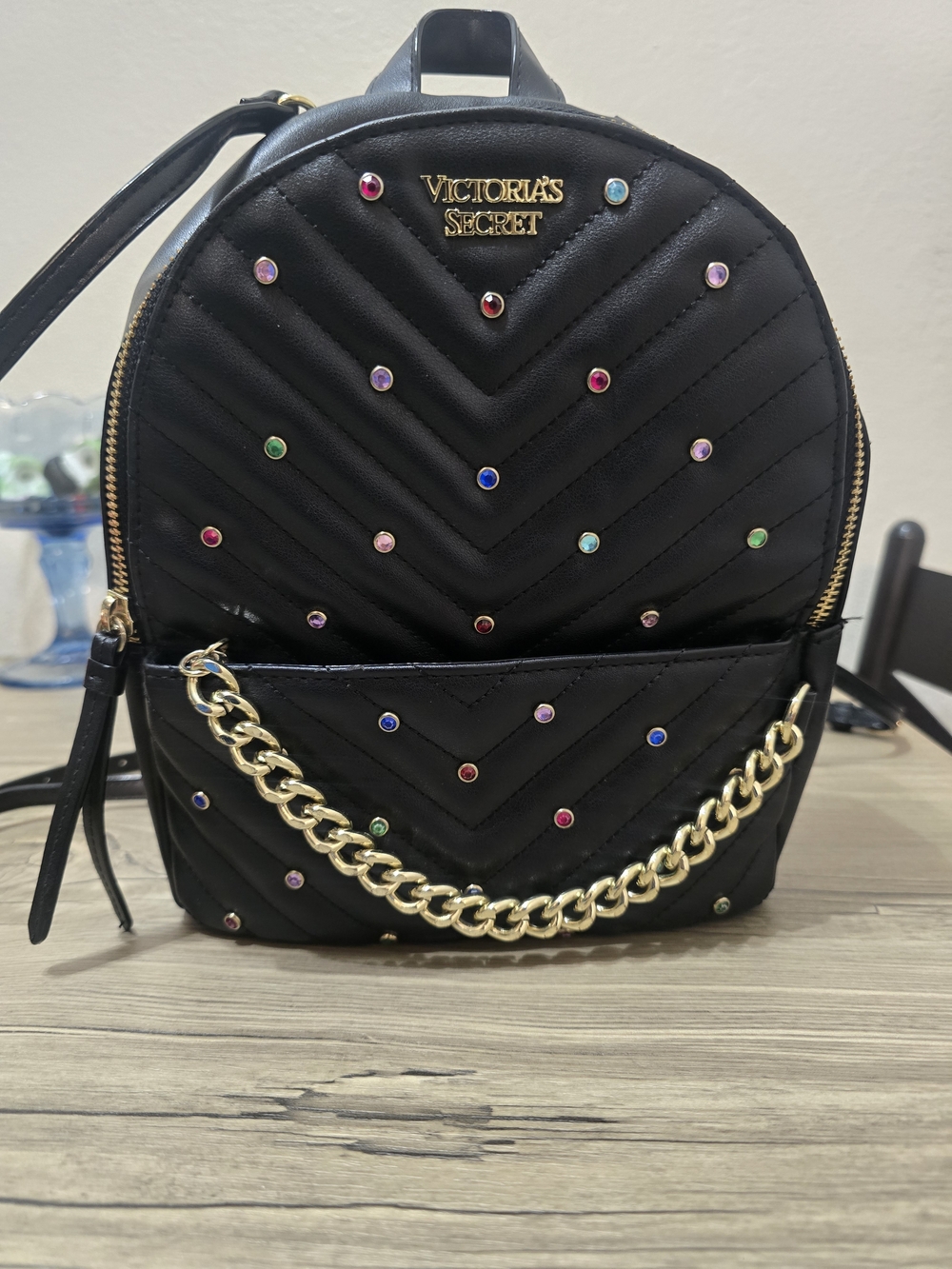 Victoria's Secret Black Quilted Mini Backpack with Multicolor Studs